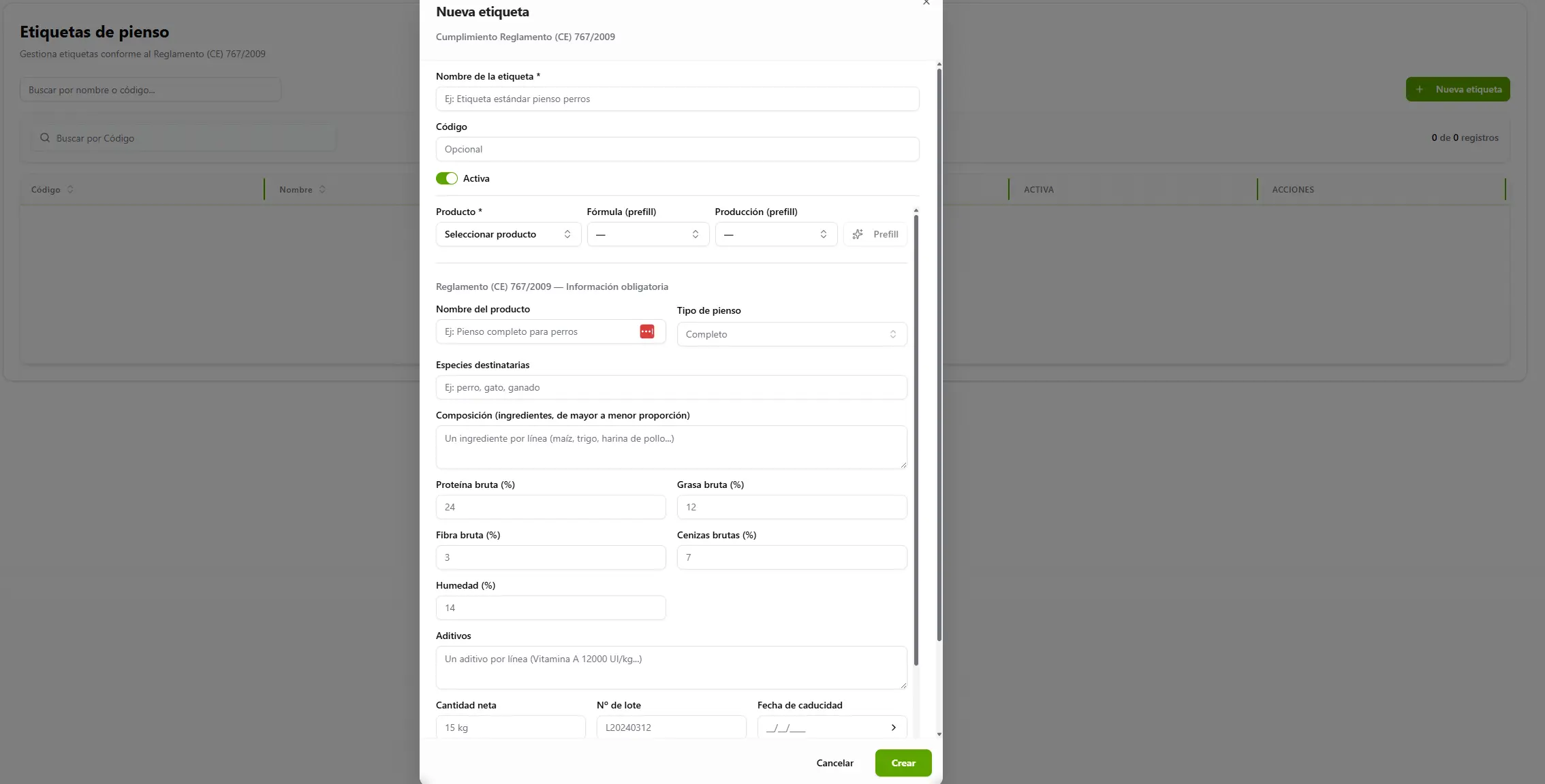 Captura del módulo de etiquetado en AgroTraz